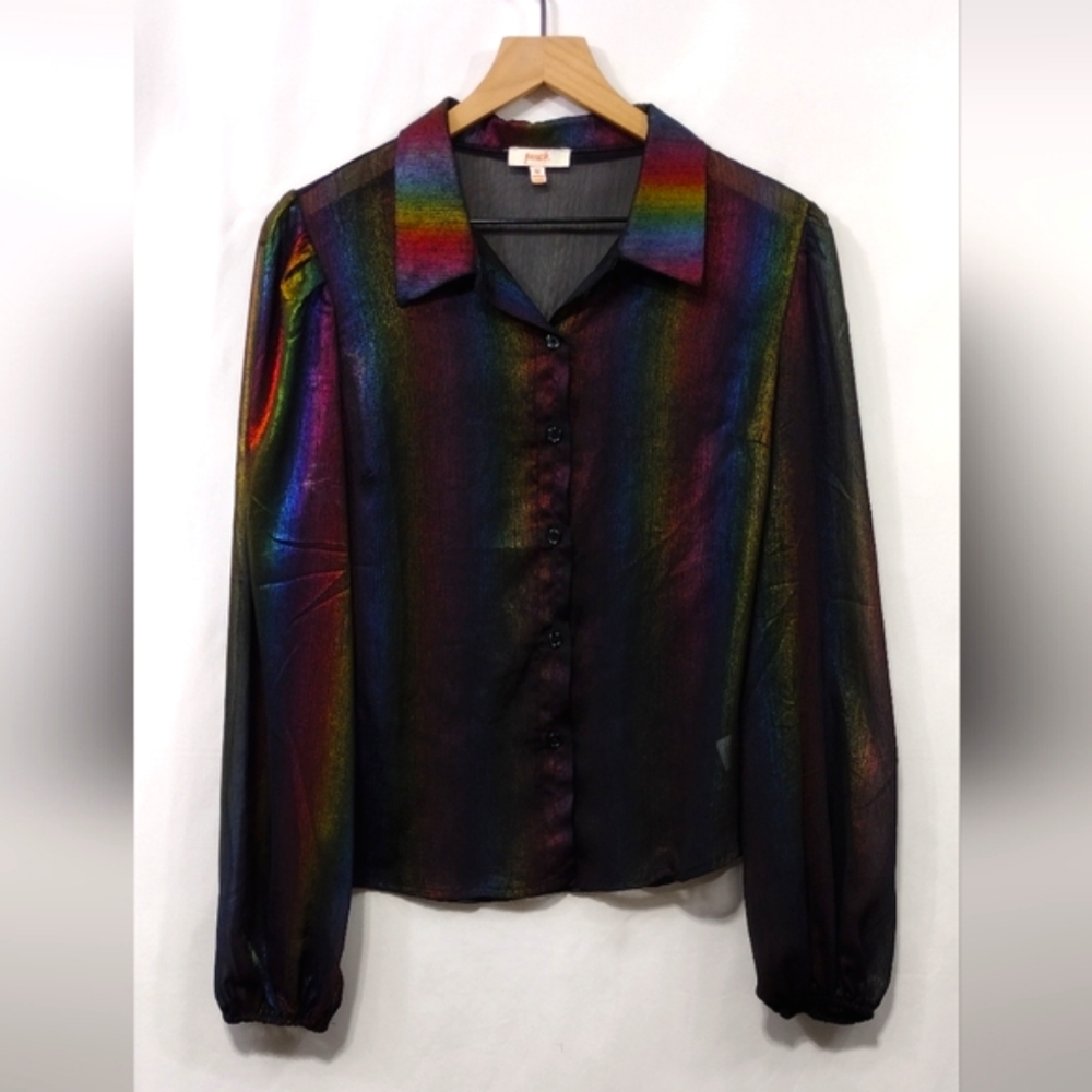Peach Rainbow Button Shirt Women's M Black Multicolor Boho Retro 90s Y2K